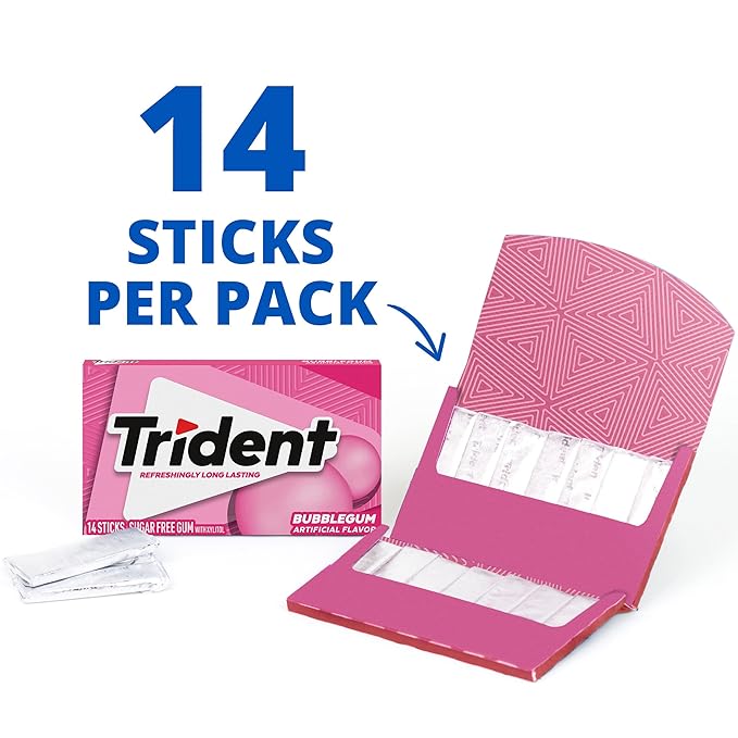 Trident Bubblegum Sugar-Free Chewing Gum, 12 Packs of 14 Pieces (168 Total Pieces)