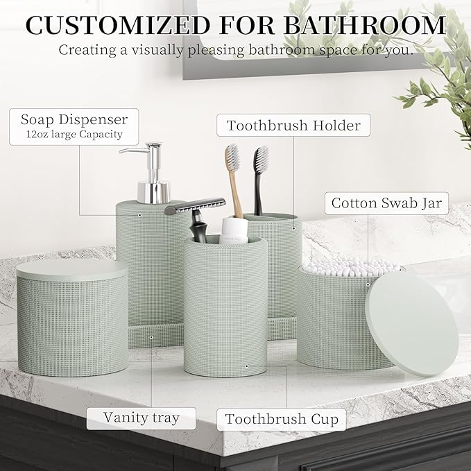 6-Piece Green Bathroom Set - Mesh Textured Resin Bathroom Accessories Set with Soap Dispenser, Toothbrush Holder, Cup, Vanity Tray & Apothecary Jars for Small Spaces
