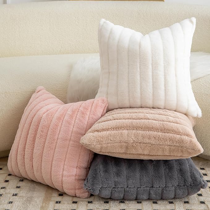 Pack of 2 Faux Fur Throw Pillow Covers 12x20 Inch Striped Decorative Soft Plush Couch Pillow Case Home Decor for Bed, Sofa, Living Room Darkgrey