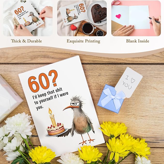 Funny 60th Birthday Card Gift for Men Women, Unique Bird 60th Birthday Card Gift for Him Her, 60 Years Old Bday Gifts for Mom Dad Friend Husband Wife Brother Sister