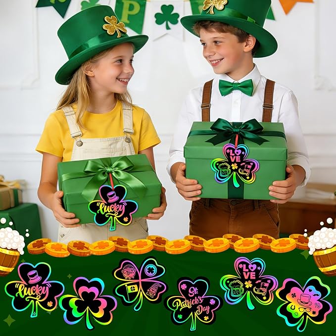JULMELON 36 PCS St. Patrick’s Day Shamrocks Scratch Crafts Bulk Rainbow Magic Scratch Art for Kids DIY Handmade Saint Patrick’s Day Crafts for Kids St Patricks Day Classroom Party Favors Gift Tag