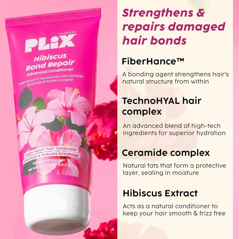 PLIX - THE PLANT FIX Hibiscus Bond Repair Advanced Conditioner | Repairs Hair Molecular Structure & Reduces Breakage with FiberHance™ & TechnoHYAL Hair Complex | 175ml