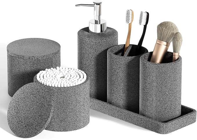 6-Piece Grey Bathroom Set - Mesh Textured Resin Bathroom Accessories Set with Soap Dispenser, Toothbrush Holder, Cup, Vanity Tray & Apothecary Jars for Small Spaces