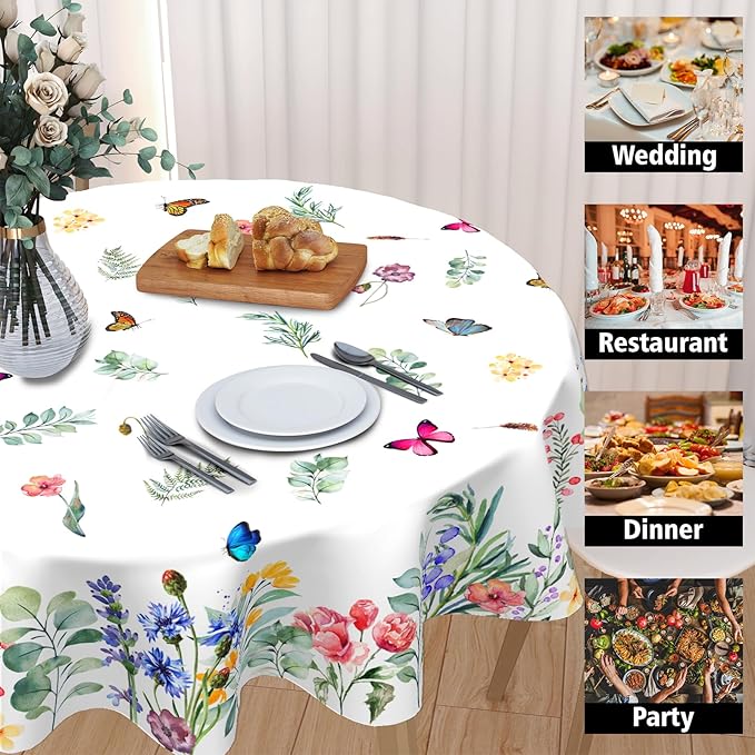 Spring Summer Floral Round Tablecloth 60 Inch Wildflower Butterfly Table Cloth Washable Farmhouse Table Covers Holiday Table Cover for Kitchen Party Dinner Home Decor