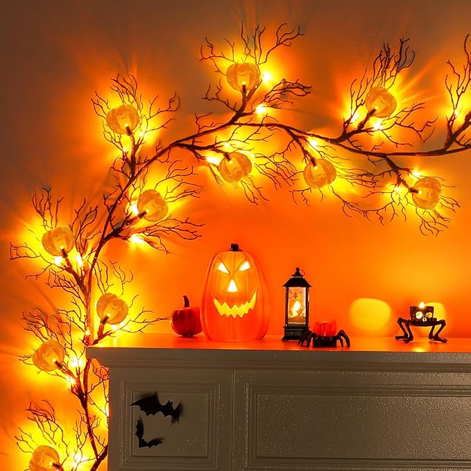 Joyhalo Halloween Garland with Lights Decorations with Pumpkin Lights,Battery Operated 6FT 47 LED Halloween Willow Vine Twig Garland for Mantle,Wall,Fireplace and Halloween Decorations