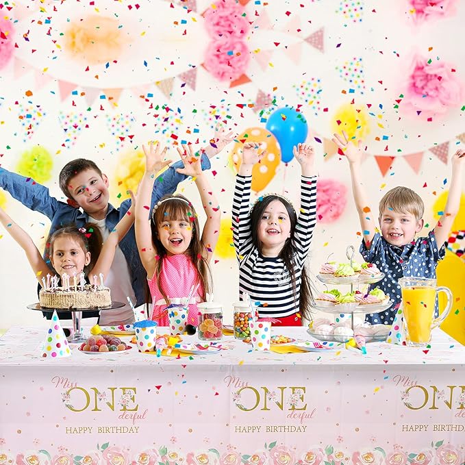 Tatuo 3 Pieces 1st Birthday Party Tablecloth Flower One First Birthday Table Cover Disposable Floral Miss Onederful Plastic Tablecloth for Kids Baby Shower Party Decoration Supplies, 54 x 108 Inch