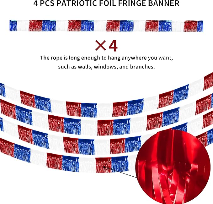 4 Packs 10 Feet Long Foil Fringe 4th of July Garland Memorial Day USA Red White Blue Independence Day Tinsel Metallic Patriotic Wall Hanging Banner for Car Parade Floats Garden Decorations