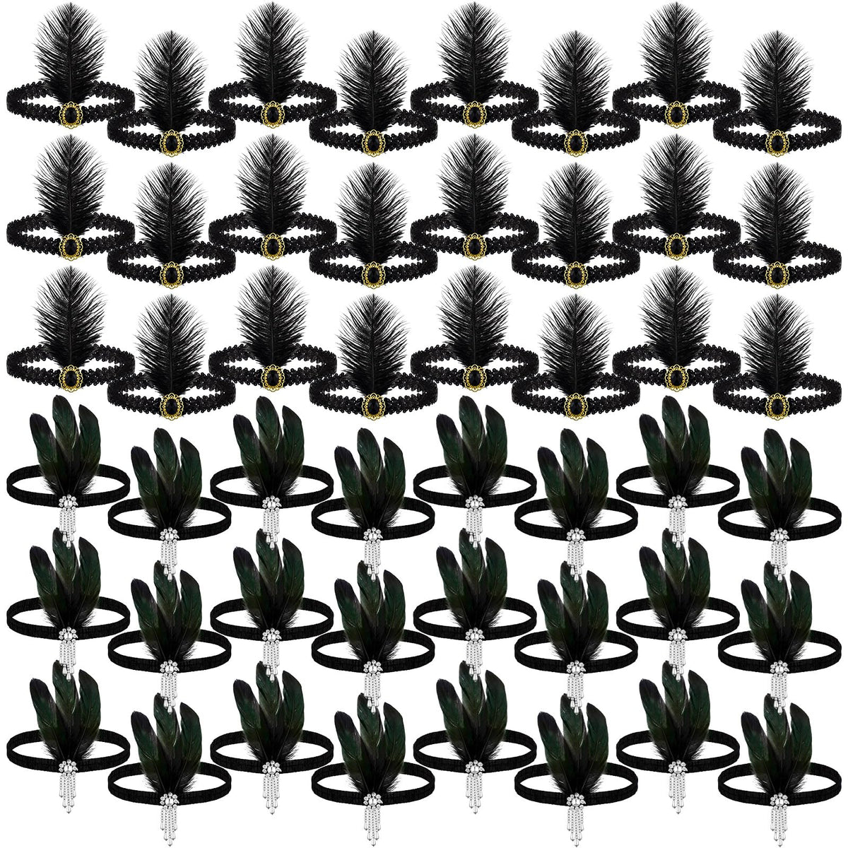 Ceenna 24 Pieces 1920s Flapper Headband Black Feather Headband Costume Flapper Headpiece 20s Rhinestone Hair Accessory for Women
