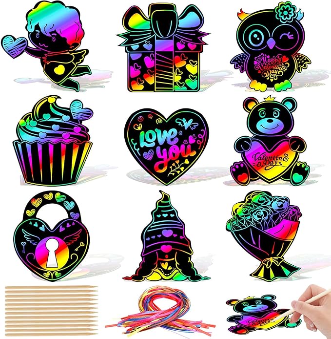 JULMELON Valentine Crafts for Kids, 36 Pack Heart Shape Scratch Art Paper Crafts Kit Magic Rainbow Scratch Cards Hang Tags Goody Bag Stuffers Valentines Day Gifts for Kids