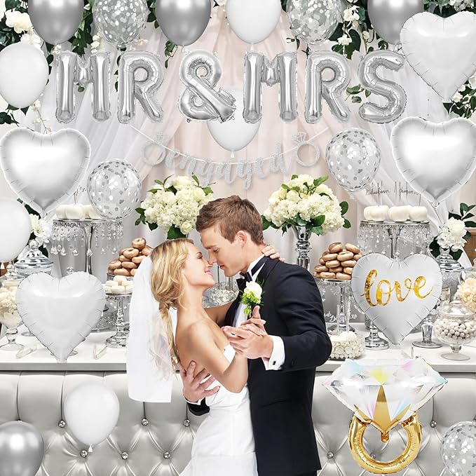 Silver Engagement Party Decorations, MR and MRS Balloons Decor, Metallic Silver Confetti Balloons, Love Heart and Diamond Ring Foil Balloon with Engaged Banner for Wedding Engagement Party Decoration