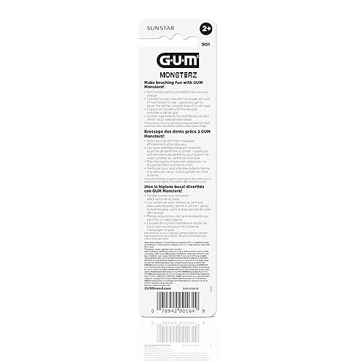 GUM Monsterz Children and Toddler Toothbrush, Soft Bristled Kids’ Toothbrush with Suction Cup, for Ages 2+, 2 Count(Pack of 6)