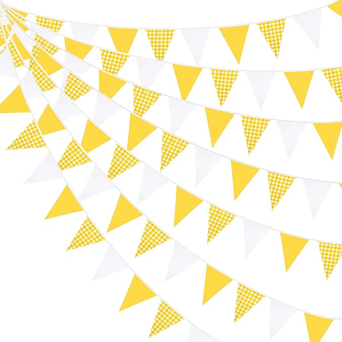 32Ft Yellow Plaid Checkered White Pennant Banner Fabric Gingham Triangle Flag Bunting Garland for Picnic BBQ Bee Sunflower Wedding Birthday Baby Shower Lemon Party Outdoor Garden Hanging Decoration