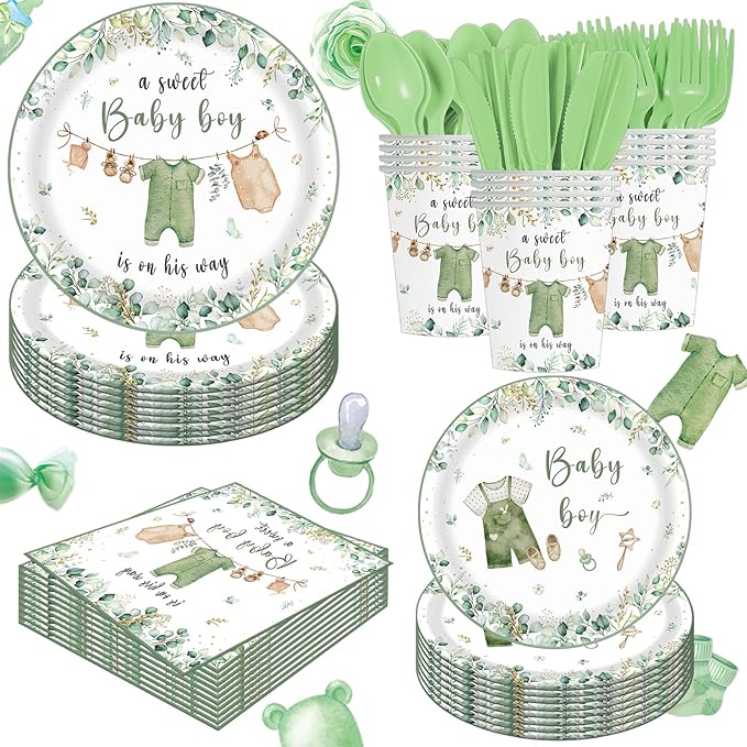 140PCS Greenery Gender Reveal Baby Shower Plates and Napkins Supplies, Boho Greency Party Decorations Tableware Set Dessert Plates Napkins Forks for 20 Guests (Green)