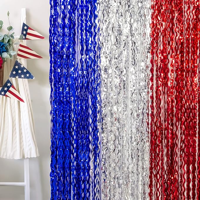LOLStar 4th of July Decorations, 5 Pack Red White Blue Wavy Tinsel Foil Fringe Curtains, Memorial Day Photo Booth Prop Streamer Backdrop for Patriotic America Party, Independence Labor Day Decoration