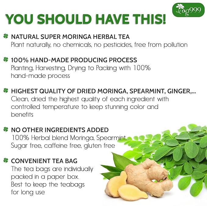 TOG999, Premium 20 Tea bags Super Moringa Herbal Tea, Special Blend of Moringa Leaves, Spearmint Leaves, Ginger, Lemon Peel and Chamomile. No Sugar, No Caffeine, No Gluten, Vegan.