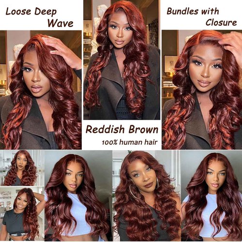 Loose Deep Wave Bundles with Closure Human Hair 12a Reddish Brown 3 Bundles Human Hair with Lace Closure Color 33Copper Reddish Brown Bundles with Closure (Loose Deep Wave 12 14 16 +12free)