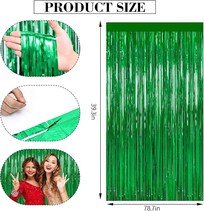 2Pack Foil Curtain Backdrop Green Metallic Tinsel Foil Fringe Curtains Photo Booth Props for Birthday Wedding Engagement Baby Shower Bachelorette St Patrick's Day Xmas Graduation Football Party Decors