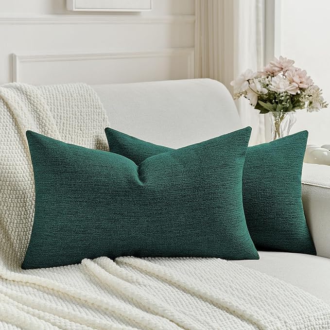 FUTEI Teal Chenille Decorative Throw Pillow Covers 12x20 Inch Set of 2,Soft Cozy Faux Linen Textured Lumbar Pillow Cases,Farmhouse Home Decor for Couch Living Room