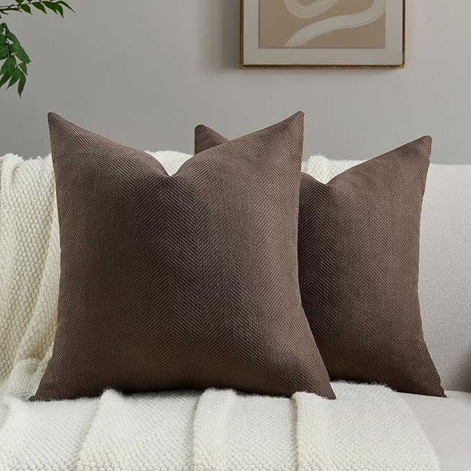FUTEI Dark Coffee Chenille Throw Pillow Covers 18x18 Inch Set of 2,Soft Wide Chevron Textured Cushion Case,Farmhouse Home Decor for Couch Bed Living Room