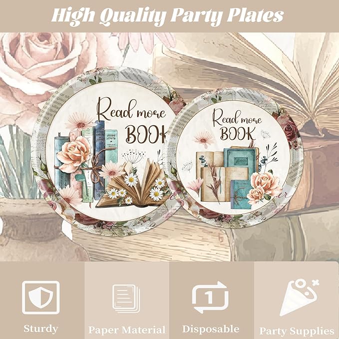 Rakuto Book Themed Party Decorations, 96PCS Vintage Book Club Paper Plates and Napkins Birthday Decoration, Reading Library Bookworm Forks Decor Supplies for Birthday Baby Shower Serve 24