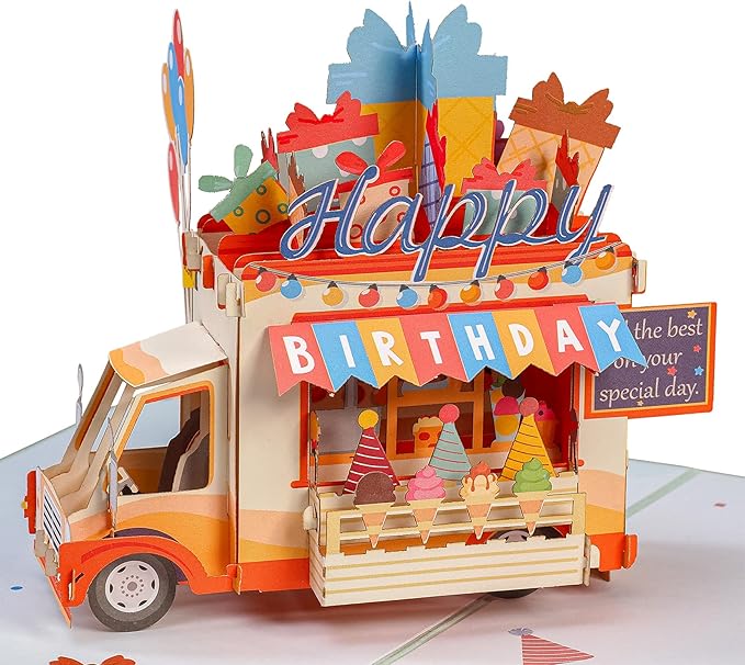 Paper Love Happy Birthday Card, 3D Ice Cream Truck Pop Up Birthday Card, For Boys and Kids - 5"x7" Cover - Includes Envelope and Note Tag