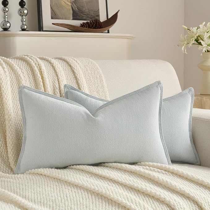 FUTEI Light Blue Chenille Throw Pillow Covers 12x20 Inch Set of 2,Edges Double-Stitched Lumbar Pillow Cases,Modern Home Decor for Couch Living Room
