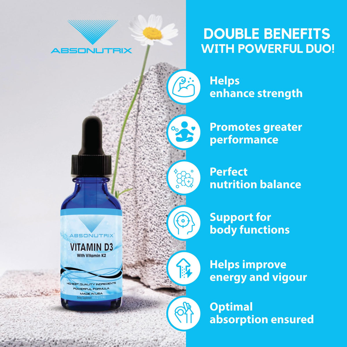 Absonutrix Vitamin D3 K2 Drops, 390mg, 4 Oz Liquid