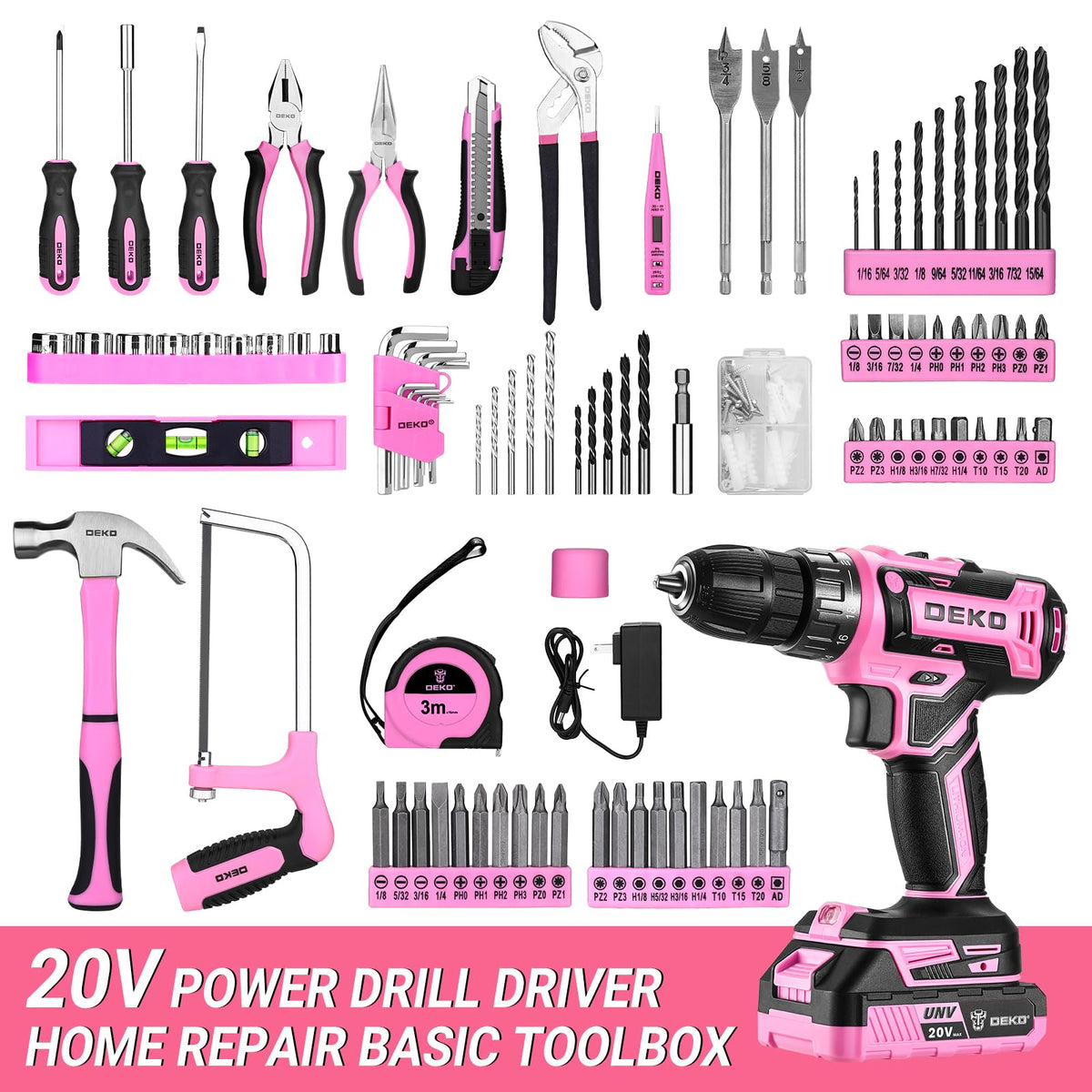 Pink Power Drill Tool Kit Set: 20V Cordless Electric Drill, Driver, Tool Box with Battery