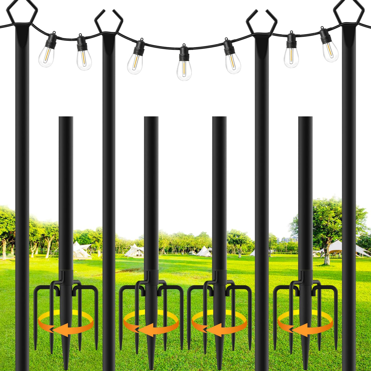 SINLEY 4 Pack String Light Poles,10 Ft Metal Poles with Fork for Outdoor String Lights,Outdoor Light Poles with Fork,Poles/Post/Stand for Outside,Patio,Deck,Backyard,Garden Wedding,Party