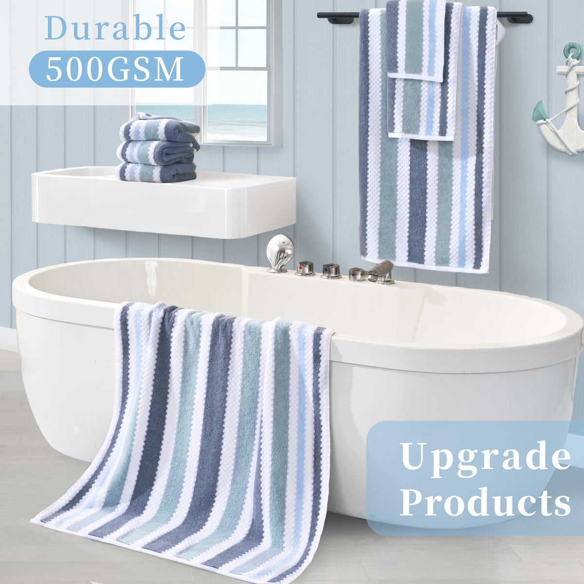 Waffle Washcloths for Bathroom, Wash Cloths 6 Pack 13"x13" - Cotton & Polyester | Quick Dry | Thick | Absorb, Decorative Soft Face Wash Cloths, Striped Face Towel Set, Blue-Gray and White Checkered