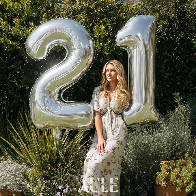 AULE 40 Inch Jumbo Silver Foil Mylar Number Balloons for Men Women 21st Birthday Party Decorations 21 Years Old Anniversary Party Supplies