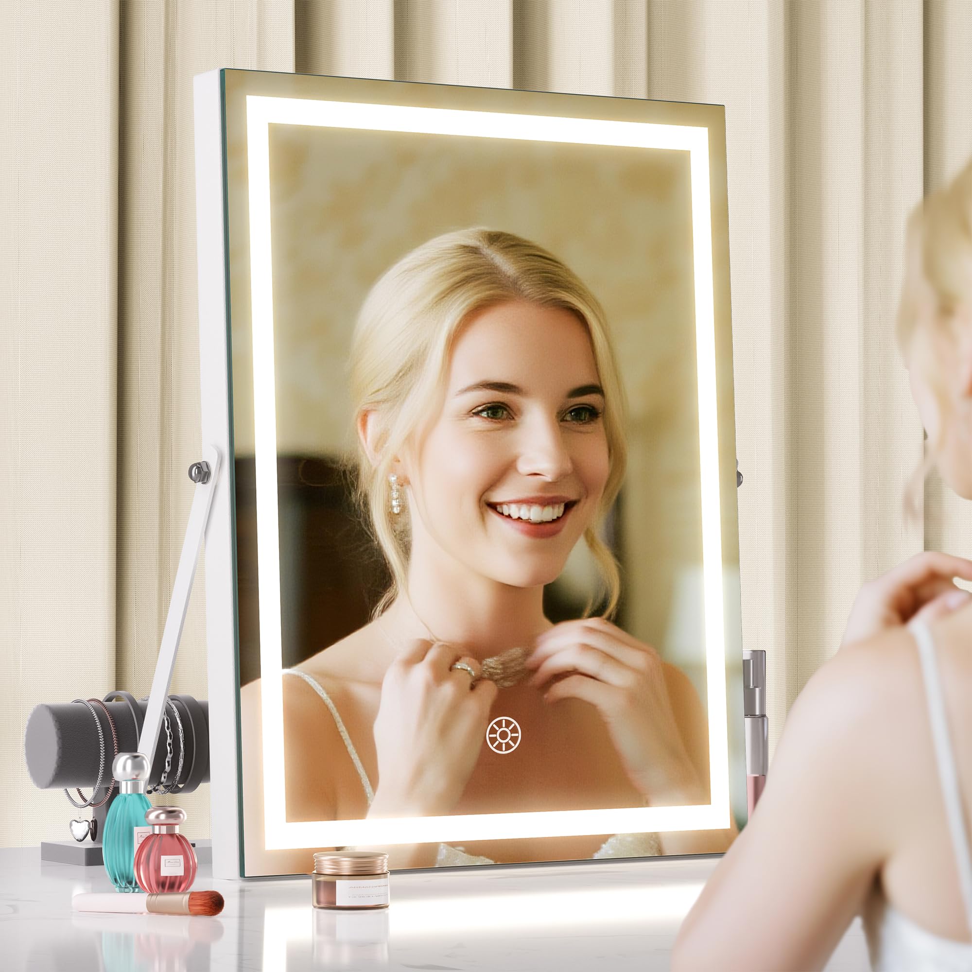 MINISO Vanity Mirror with Lights, 9.8" x 11.8" LED Makeup Mirror, Light & Brightness Adjustment, Smart Sensor, Aluminum Alloy Metal White Frame, with 5X Magnifying Glass