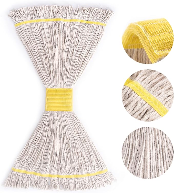 Matthew Cleaning 3Pcs 5'' Headband White&Orange&Green 24Oz Commercial String Mop Heads, Loop-End Mop Head Replacement, Heavy Duty Industrial Washable&Reusable Mop Refills for Residential& Warehouse