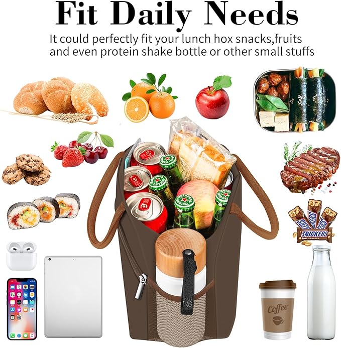 Coobiiya Lunch Bag Women, Lunch Box for Women Adult Men, Small Leakproof Cute Lunch Tote Large Capacity Reusable Insulated Cooler Lunch Container for Work/Office/Picnic/Travel-Brown