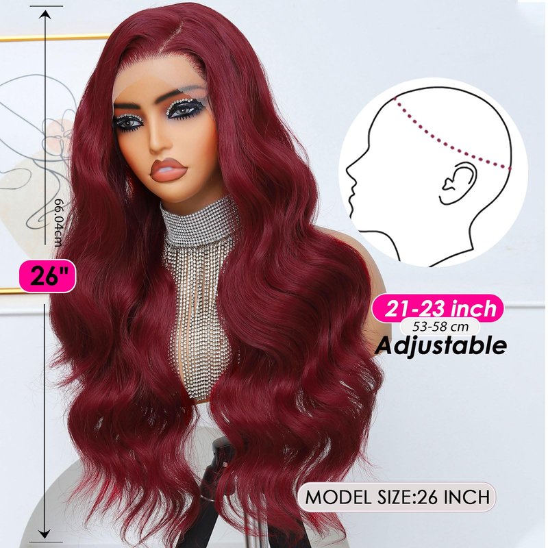 Ruiieea 99J Burgundy Lace Front Wig Synthetic 13x4 Lace Front Wig Body wave Lace Frontal Wig for Women Glueless Daily Use 26 Inch