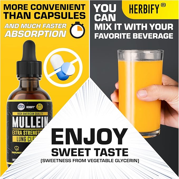 HERBIFY Mullein Drops - Lung Cleanse - Leaf Extract - Powerful Mullein for Immune Support,Detox & Respiratory Support - Made in USA - Lung Cleanse for Smokers - 4 Oz