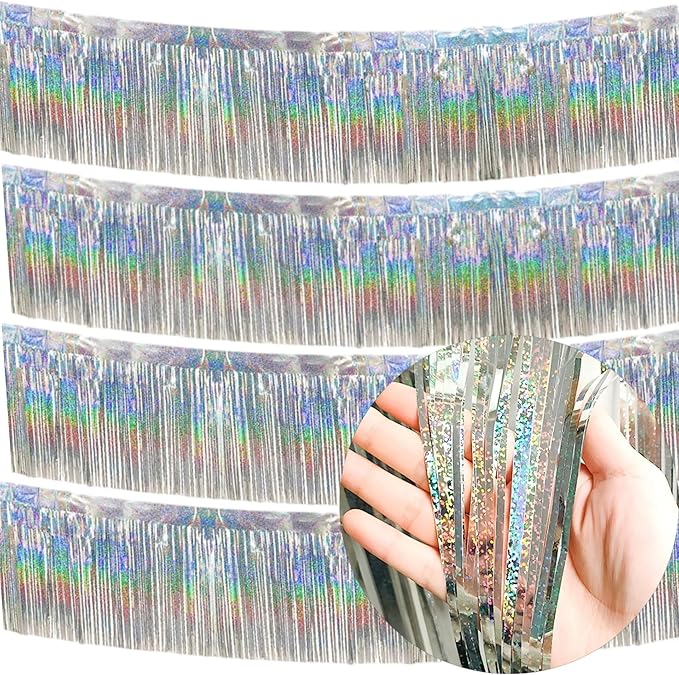 4 Packs 10 Feet Long Laser Silver Foil Fringe Garland Shiny Metallic Tinsel Wall Hanging Banner for Car Parade Birthday Parties Floats Wedding Baby Shower Ceremonies Bachelorette Garden Decorations