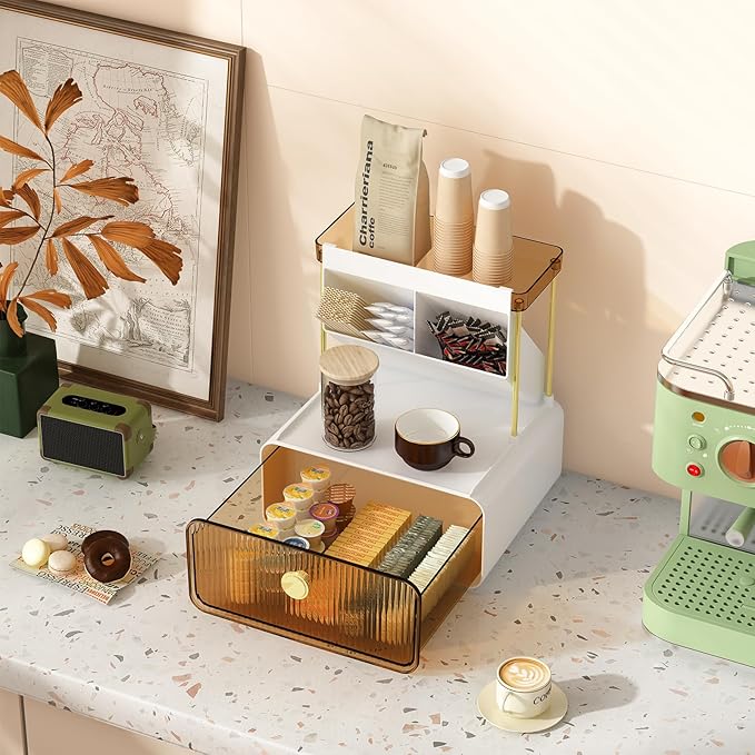 FOLLOWIN 3 Tiers Makeup Organizer with Drawer,Cosmetic Display with Lipsticks Brush Holder,Cosmetics and Beauty Supplies Organizers for Vanity,Dresser,Bathroom Desktop Countertop Organizer,Amber
