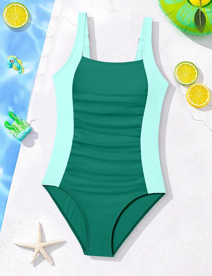 Girl Swimsuit One Piece Bathing Suit for Girls Solid Color Ruched Adjustable Straps Padded Swimwear 9-16y