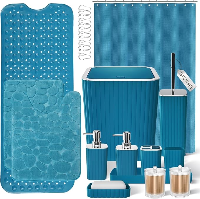 Bathroom Accessories Set - 26PC Gorgeous Teal Bathroom Set, Bathroom Accessory Set, Shower Curtain Set with Bathtub Mats for Shower Tub, Trash Can & Soap Dispenser