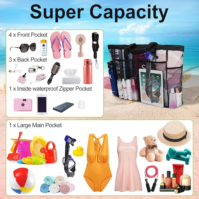 Mesh Beach Bags for Family - Women Beach Tote Bag for Toys, Towels, Travel Vacation Cruise Essentials
