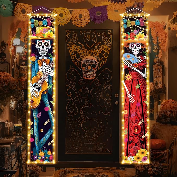 Halloween Decorations Dia De Los Muertos Lighted Porch Sign Banners Halloween Decor Mexico Day of The Dead Porch Signs Banner Indoor Outdoor Wall Door Party Decor Decoration Ornaments