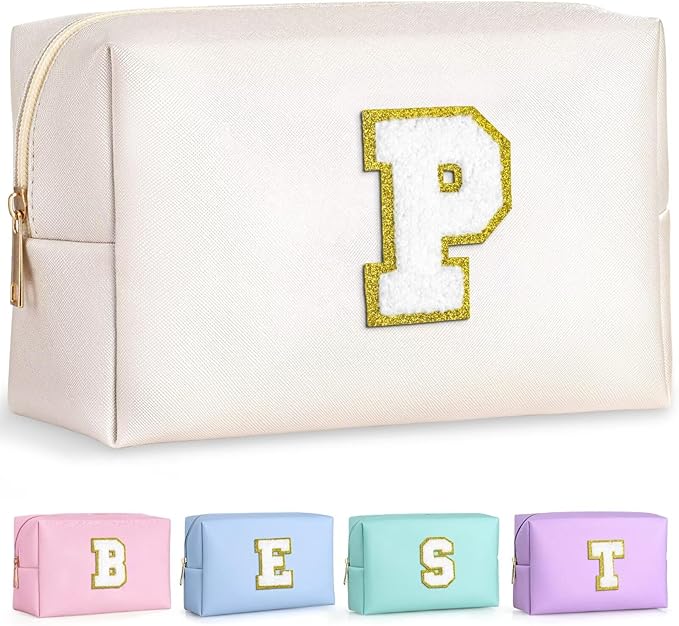 TOPEAST Personalized Makeup Bag, Chenille Letter Pouch Cosmetic Bag w Zipper, PU Leather Waterproof Toiletry Bag, Bridal Shower Gifts for Bridesmaids, Cute Stuff for Girls (White P)
