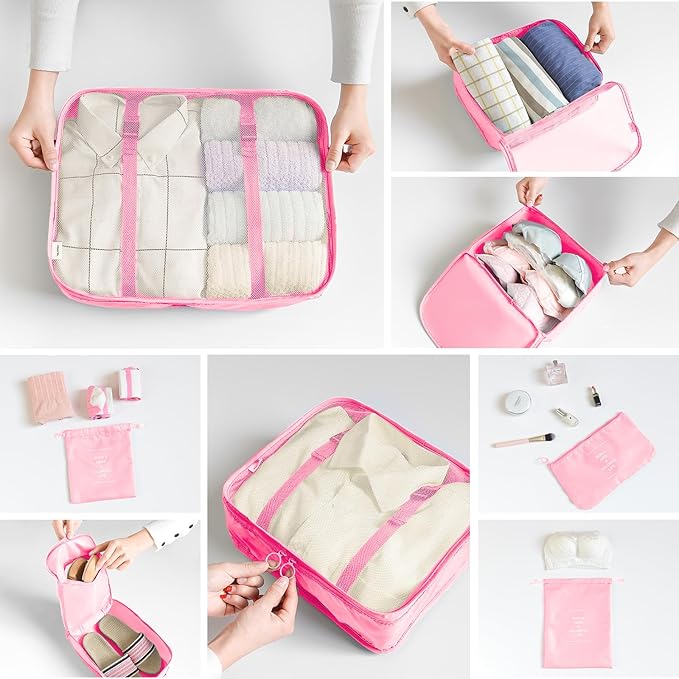 8 Set Packing Cubes for Suitcases Travel Luggage Packing Organizers,Travel Essentials Luggage Organizer Accessories for Shoe Bag Tioletry Bag Laundry Bag (Pink)
