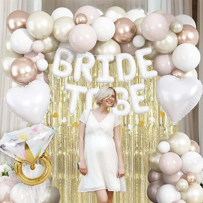 White Gold Bachelorette Party Decorations, Bride To Be Mylar Foil Letter Balloons with White Champagne Balloons and Light Gold Fringe Curtains for Bridal Shower Decoration Engagement Hen Party Decor