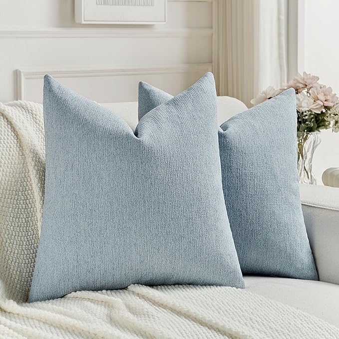 FUTEI Denim Blue Chenille Decorative Throw Pillow Covers 18x18 Inch Set of 2,Soft Cozy Faux Linen Textured Cushion Case,Farmhouse Home Decor for Couch Living Room