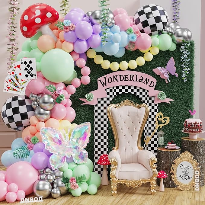 Fairy Wonderland Balloon Arch Kit,163Pcs Pastel Rainbow Balloon Garland with Iridescent Butterfly,Mushroom,Chessboard Foil Balloons for Alice Princess Birthday Onederland Garden Tea Party Decorations