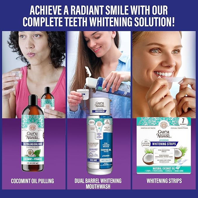 GuruNanda Total Smile Makeover Kit Charcoal with Cocomint Oil Pulling, Dual Barrel Whitening Mouthwash, Whitening Strips & Charcoal Butter on Gums Toothbrushes