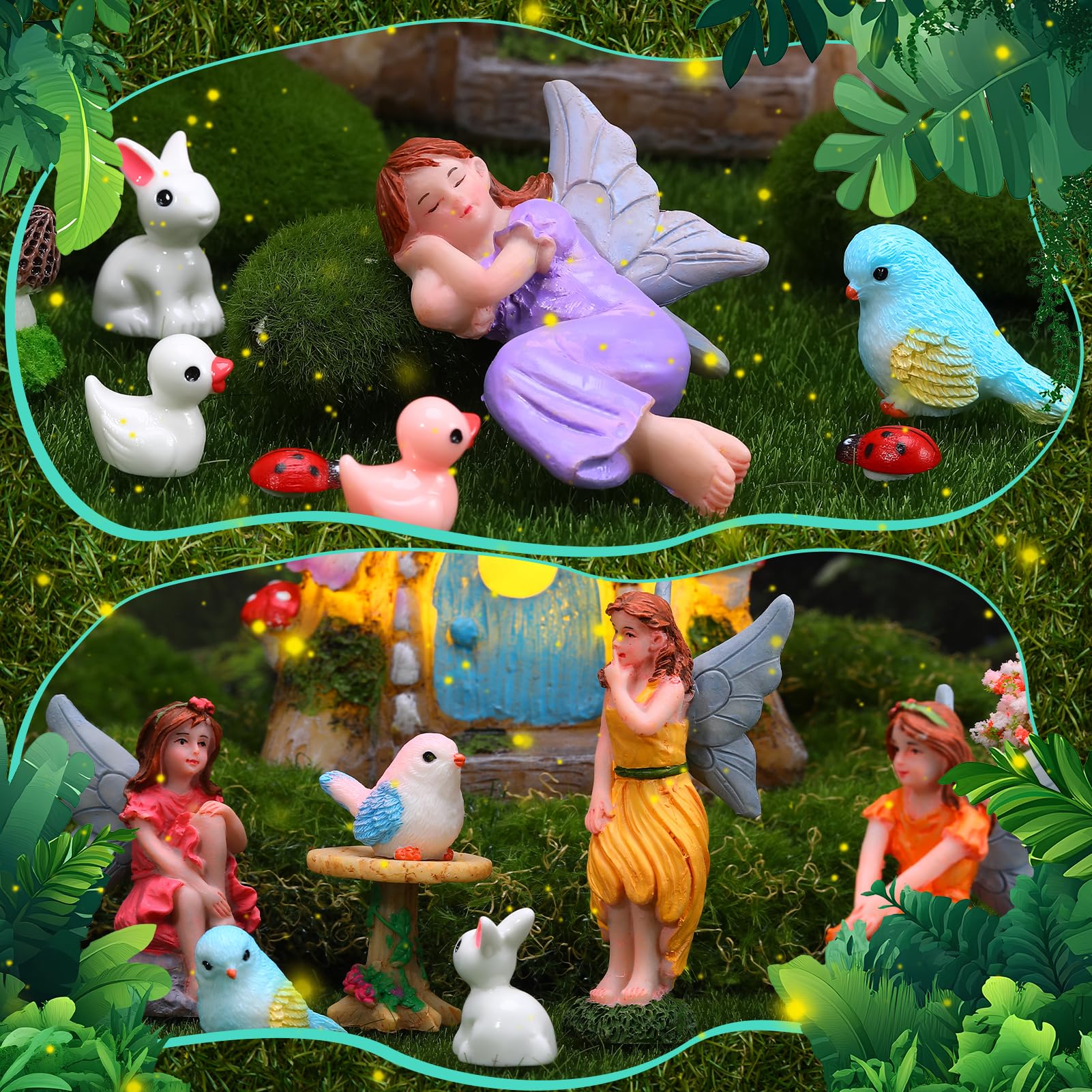 GGSTDDUP 70 Pcs Fairy Garden House Resin Kit Glowing Tree House Miniature Garden Fairy Animals Garden Accessories Decor Outdoor Mini Landscape Ornaments