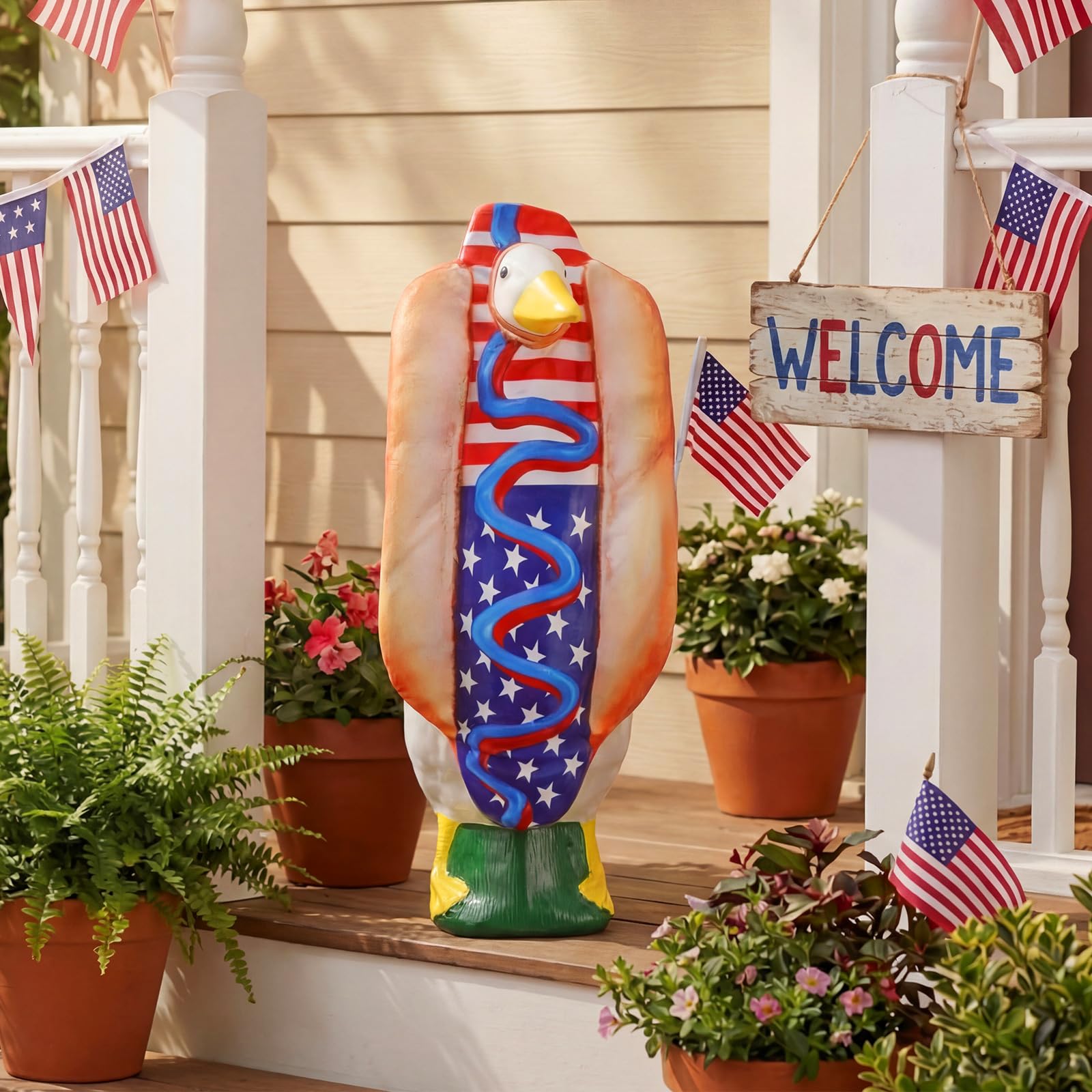 Tudomro 4th of July Porch Goose Outfit for 23" H 250th Anniversary Hot Dog Patriotic Goose Clothes American Flag Fits Independence Day Large Cement Statue Outdoor Patio Garden Yard Lawn Costume Decor